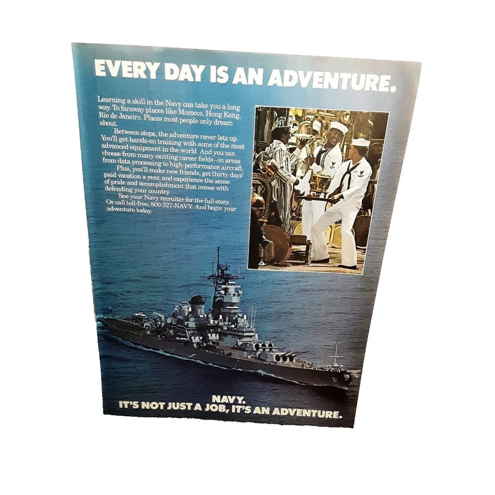 1986 U.S. Navy Vintage Print Ad Every Day Is An Adventure Recruiting Ship
